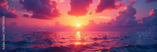 Fiery orange and purple hues paint the sky, reflecting on calm ocean waves , view, atmosphere, photo