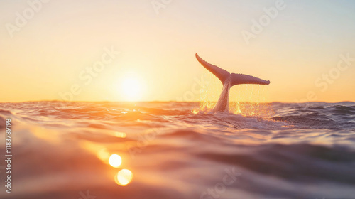 whale tail emerges from ocean at sunset, creating serene atmosphere. warm colors of sky reflect on water surface, enhancing tranquil scene photo