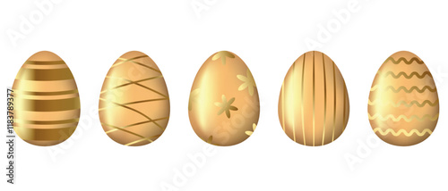 Golden traditional religious ornate Easter eggs set. Easter seasonal spring holiday. Beautiful gold eggs with different patterns