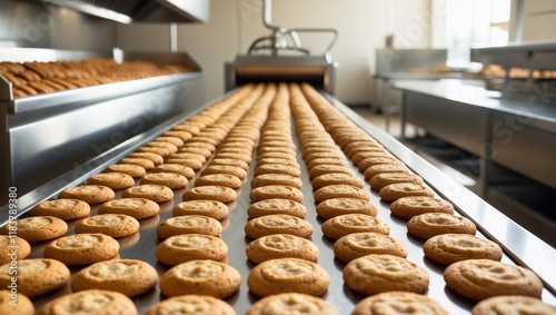 Freshly baked cookies on a conveyor belt in a modern bakery facility in the afternoon