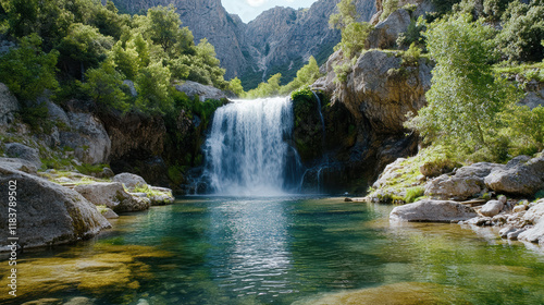 stunning waterfall cascades into serene pool surrounded by lush greenery