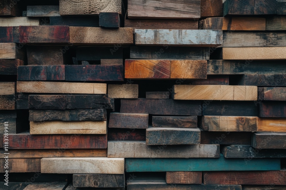Various sizes of wooden planks stacked neatly in a workshop, showcasing different textures and colors in natural lighting Various sizes of wooden planks stacked neatly in a workshop, showcasing different textures and colors in natural lighting