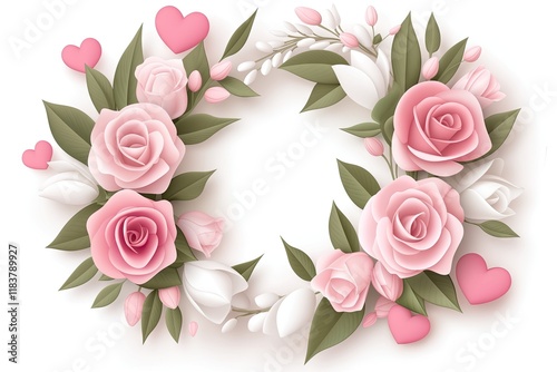 Wallpaper Mural Romantic vector wreath of pink roses, white tulips, and heart-shaped confetti on a soft pastel background, ideal for Valentine's Day greeting cards, celebrations, and festive decor. Torontodigital.ca