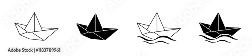 Paper boat set icons. Linear and silhouette style. Vector icons.