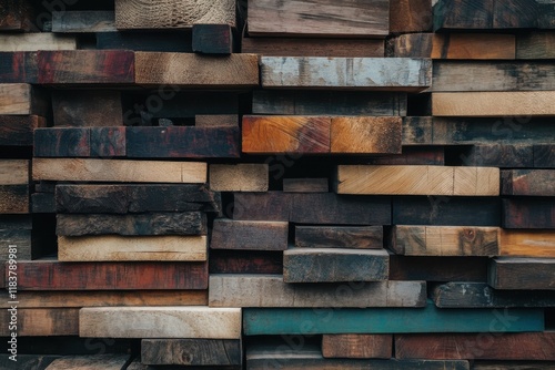 Various sizes of wooden planks stacked neatly in a workshop, showcasing different textures and colors in natural lighting