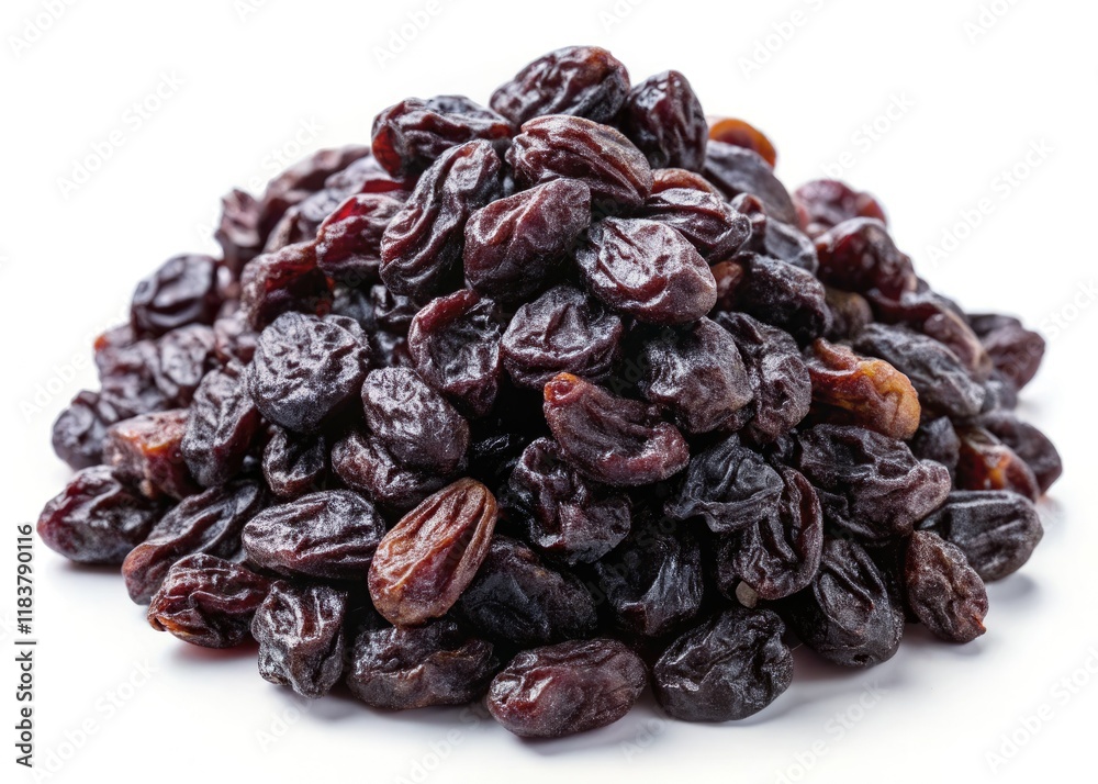 Drone's-eye view: plump, black seedless sultana raisins, isolated on a stark white backdrop. Drone's-eye view: plump, black seedless sultana raisins, isolated on a stark white backdrop.