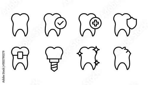 Tooth set icons. Linear and silhouette style. Vector icons.