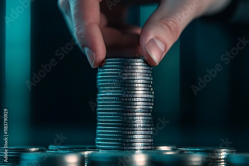 A hand carefully stacks coins, highlighting the act of saving or investing in a close-up shot with a dramatic focus on the metallic texture. photo