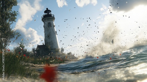 Lighthouse Stormy Seascape: Dramatic Coastal Scene with Birds