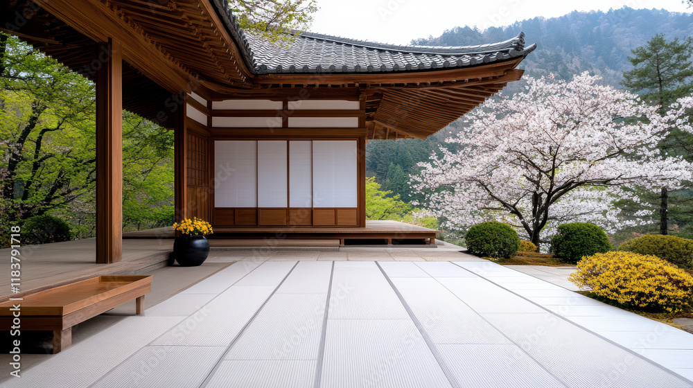 serene temple with traditional architecture, surrounded by blooming trees