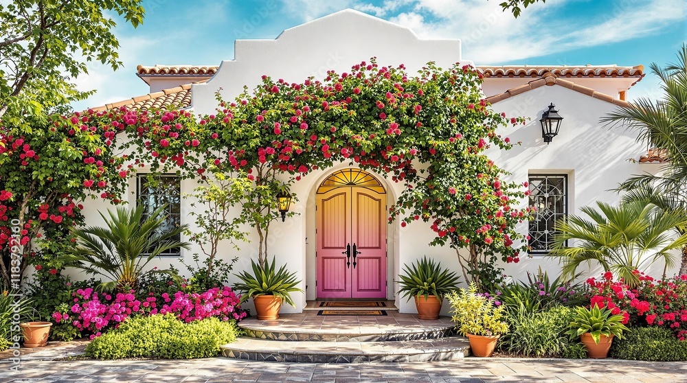 Fototapeta premium Mediterranean Dream Home: A vibrant bougainvillea archway frames a charming pink double door, inviting you into a sun-drenched Mediterranean-style home.