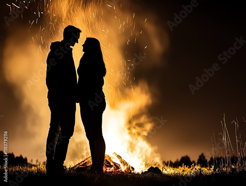 A couple s silhouettes illuminated by a pulsating bonfire, warmth, primal love and energy photo