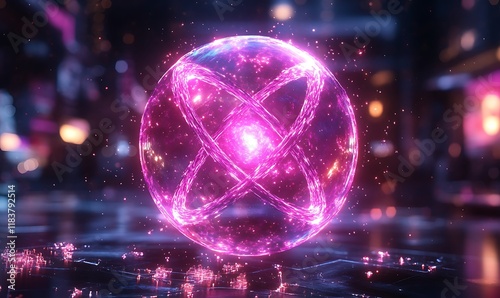 A luminous, rosy orb with a cruciform design on its surface, surrounded by smaller rosy fragments in a somber background.