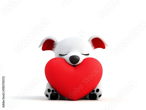 a cute puppy hugging a heart pillow, adorable Valentine s pet theme, cartoon illustration, soft pink tones, isolated on white background photo