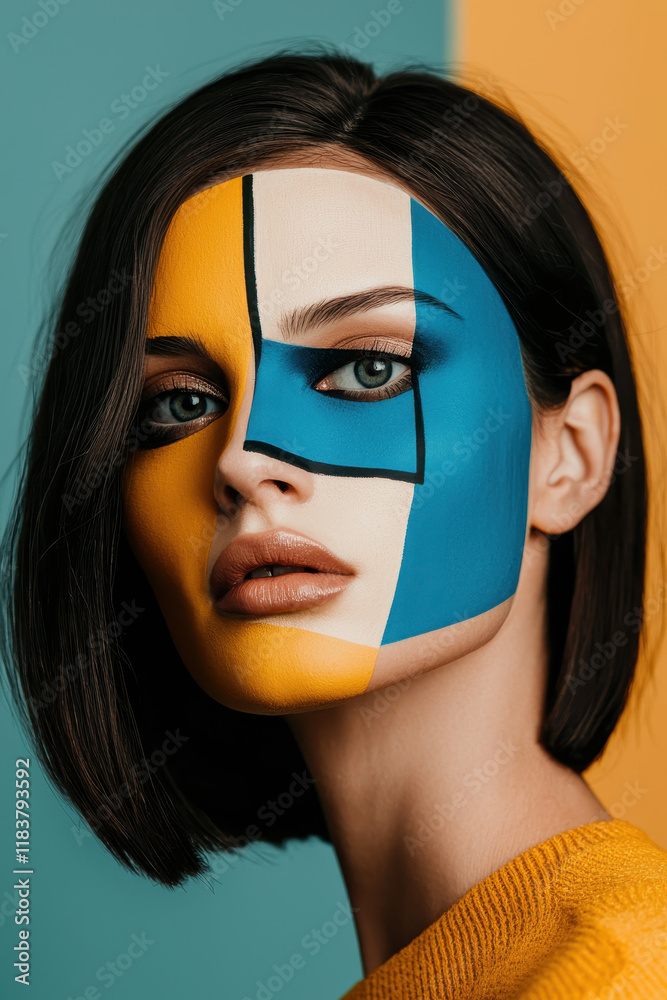 Portrait of Woman with Bold Geometric Face Art in Blue and Yellow Portrait of Woman with Bold Geometric Face Art in Blue and Yellow