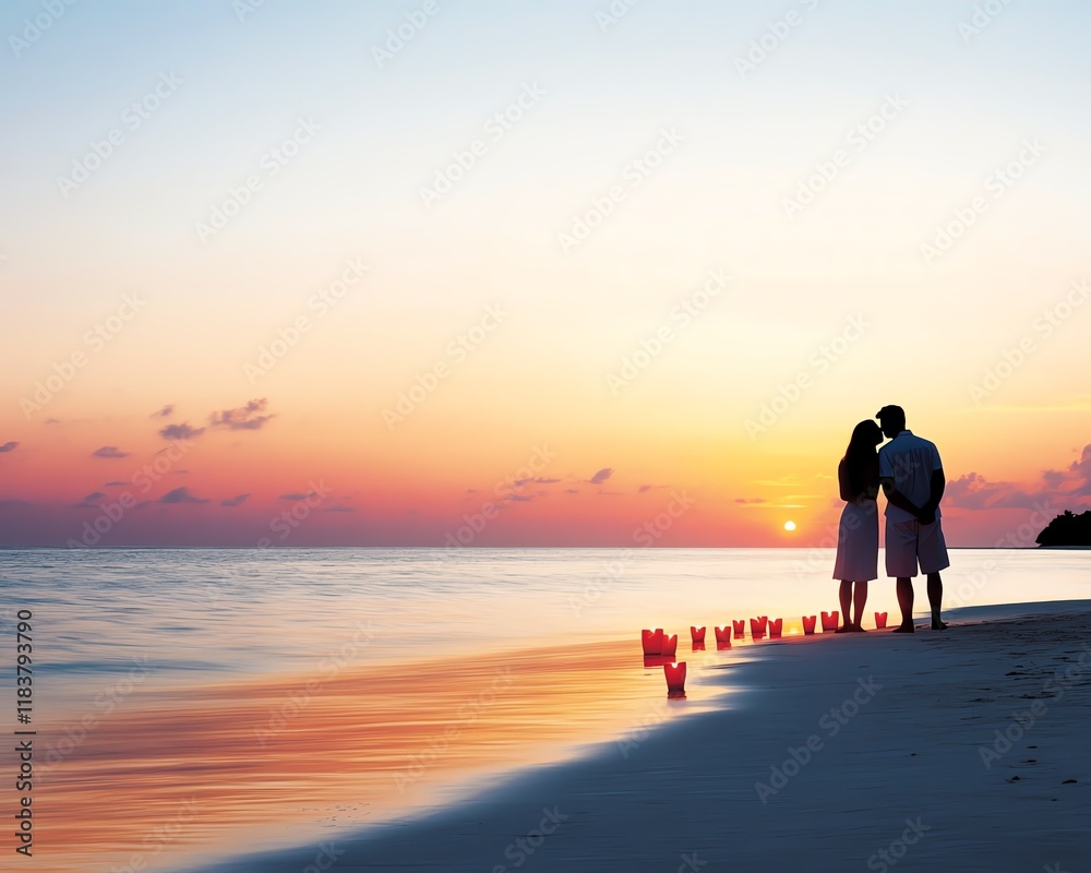Fototapeta premium A couple on a 1970s beach, surrounded by red candles in the sand, sharing a compassionate embrace under a vibrant sunset glow