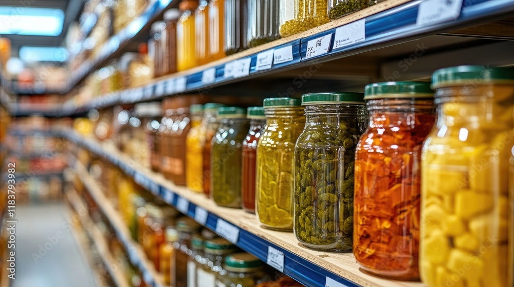Grocery Store Shelves Filled with Preserved Foods in Glass Jars Grocery Store Shelves Filled with Preserved Foods in Glass Jars