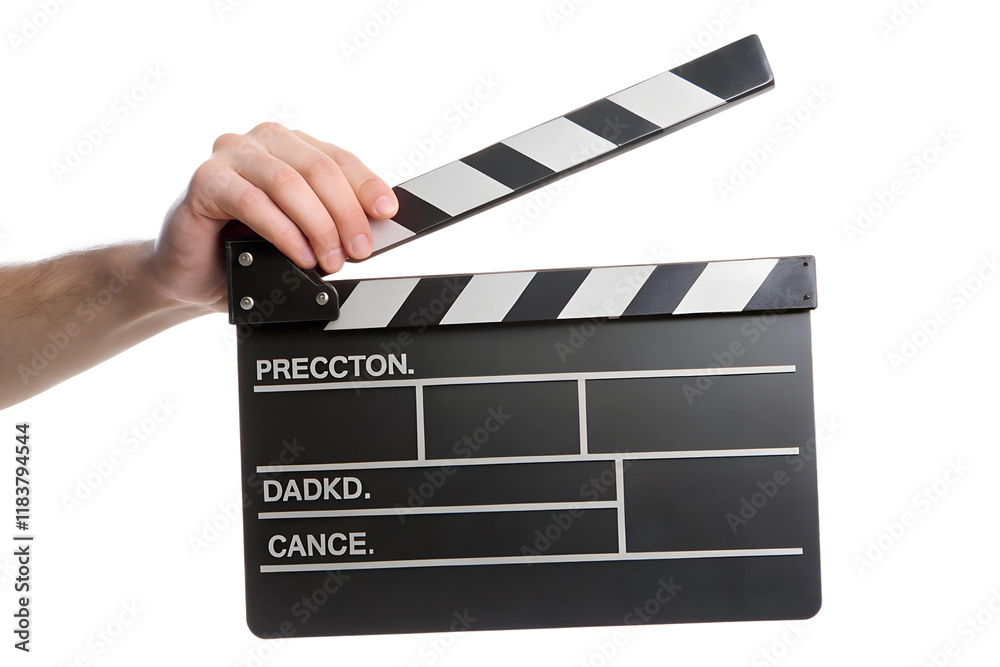 Obraz premium A hand holding a black and white clapperboard, ready for the director to shout Action! on a bustling Hollywood film set
