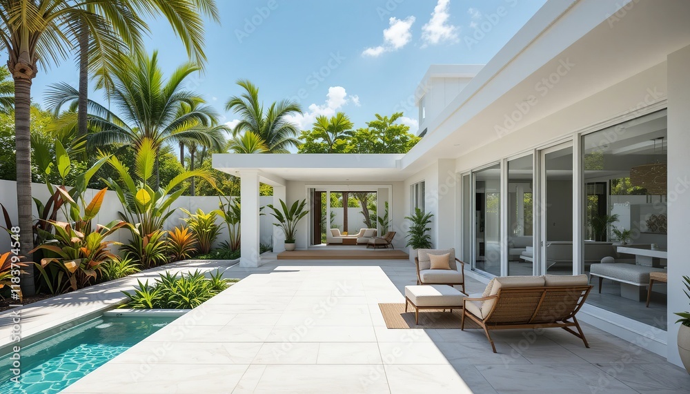 Fototapeta premium Tropical Modern Oasis: Luxurious Villa with Pool and Patio. Tranquil escape in a modern tropical paradise. Enjoy the sunshine and the ultimate relaxation. 