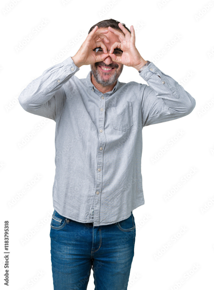 Handsome middle age elegant senior man wearing glasses over isolated background doing ok gesture like binoculars sticking tongue out, eyes looking through fingers. Crazy expression. Handsome middle age elegant senior man wearing glasses over isolated background doing ok gesture like binoculars sticking tongue out, eyes looking through fingers. Crazy expression.