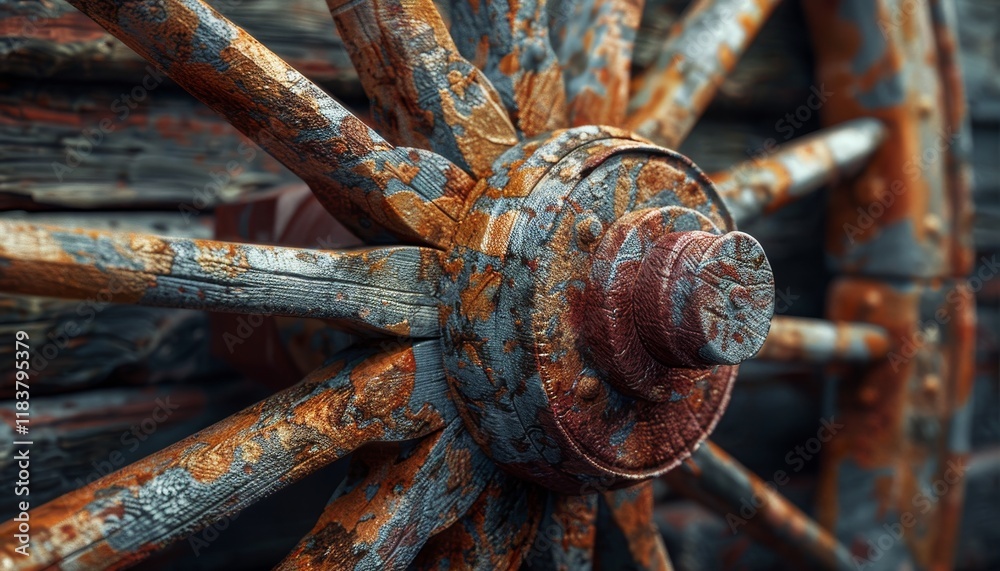 Close-up of a weathered wooden wagon wheel with peeling paint and rust. Close-up of a weathered wooden wagon wheel with peeling paint and rust.