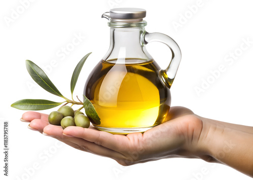 Golden olive oil pours from a glass bottle onto a white background, a key ingredient for healthy Mediterranean cooking photo