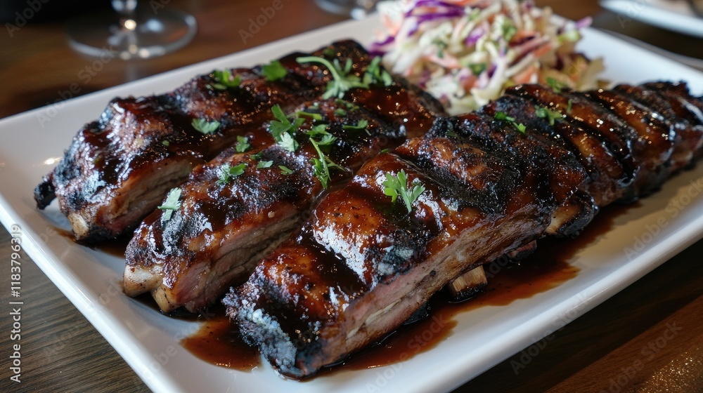 A mouthwatering platter of perfectly grilled pork ribs glistening with barbecue sauce, garnished with fresh herbs and served with coleslaw on the side. A mouthwatering platter of perfectly grilled pork ribs glistening with barbecue sauce, garnished with fresh herbs and served with coleslaw on the side.
