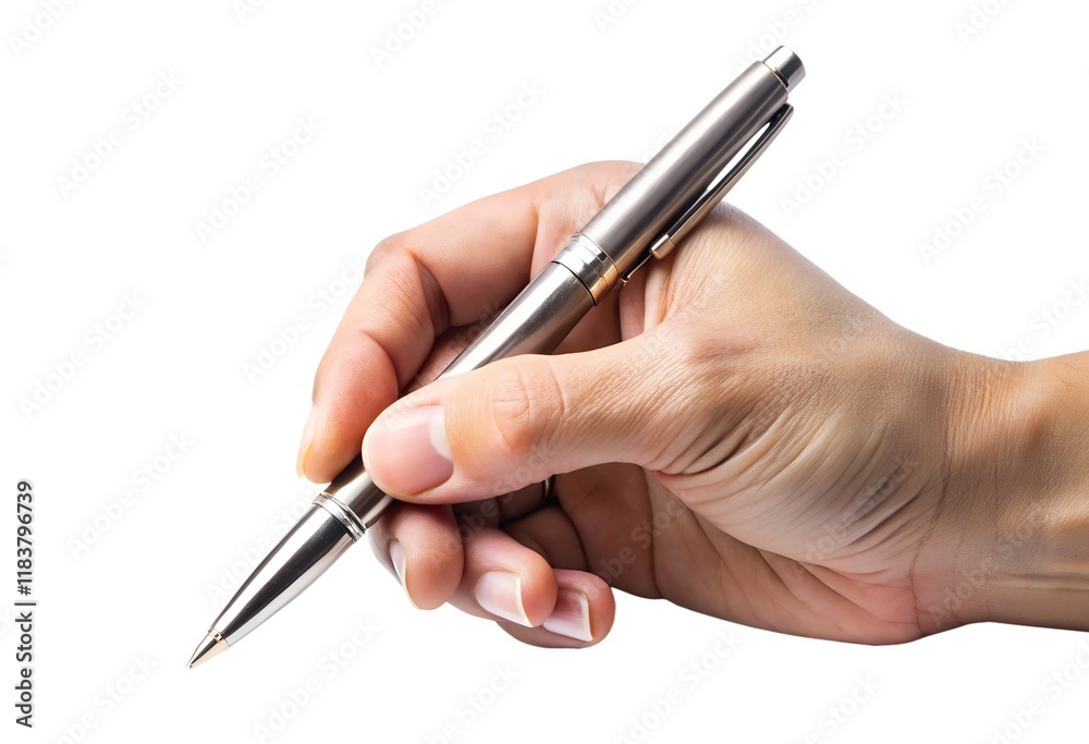 Hand holding a pen poised above blank paper, ready to write a message Hand holding a pen poised above blank paper, ready to write a message