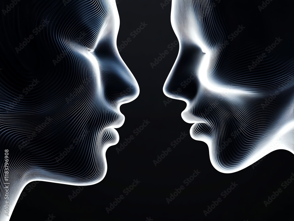 Fototapeta premium Couple s shadows intertwined with glowing pulse waves, 3D illustration