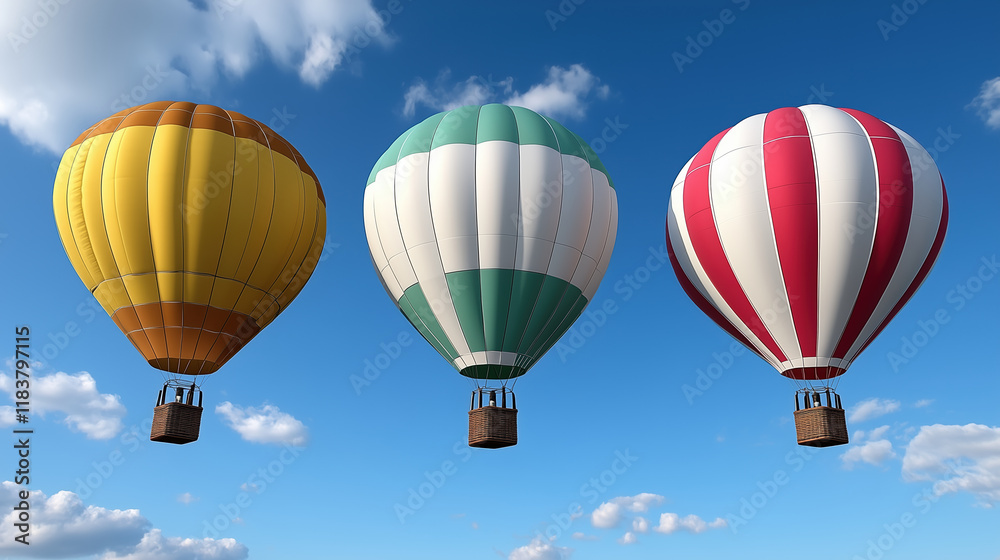 Obraz premium Colorful hot air balloons in blue sky with fluffy clouds create joyful scene