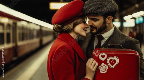 Romantic couple sharing a heartfelt hug on a 1960s train platform, luggage with vintage Valentine stickers adding charm to the nostalgic vibe photo