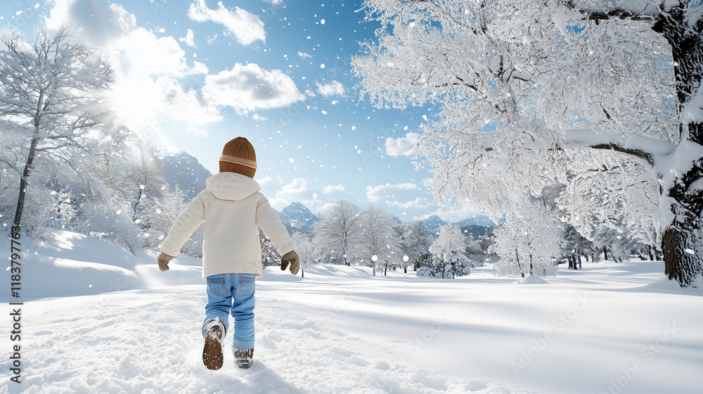 boy walks through snowy landscape, enjoying winter wonderland boy walks through snowy landscape, enjoying winter wonderland