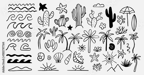 Groovy boho beach summer outline elements. Drawn palm tree and cactus. Abstract minimal sea and sun in trendy retro naive simple style.