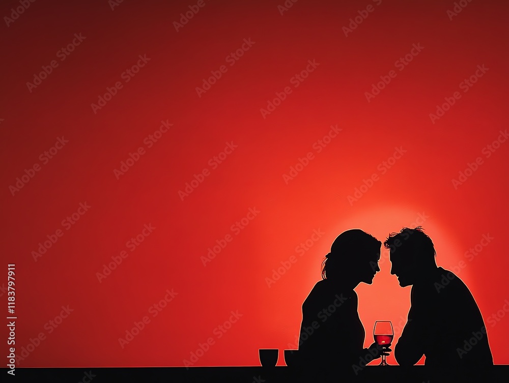 Silhouette of a couple sharing a compassionate moment under candlelight, red glow, love in shadows Silhouette of a couple sharing a compassionate moment under candlelight, red glow, love in shadows