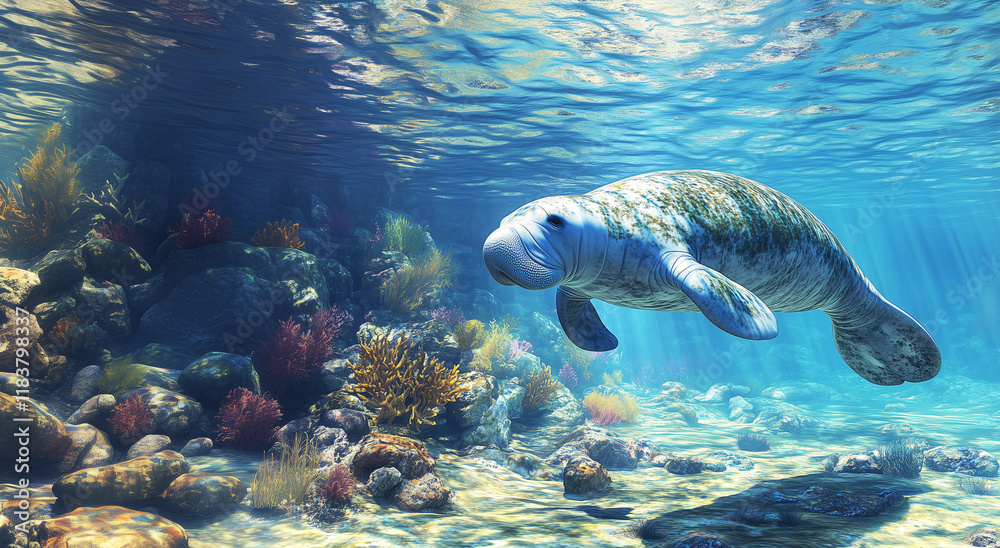 dugong gracefully swims underwater surrounded by vibrant coral and rocks. dugong gracefully swims underwater surrounded by vibrant coral and rocks.