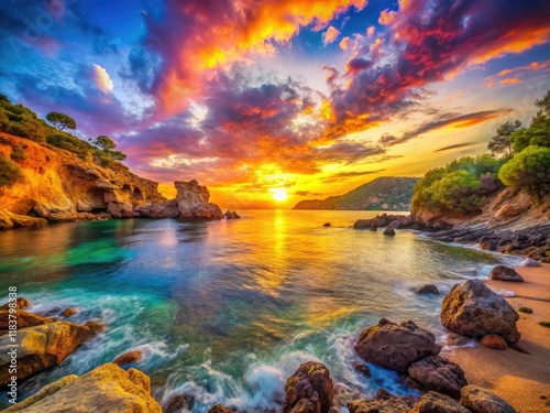 Ibiza's Cala Benirras: a surreal sunset, dreamlike beach, magical light, psychedelic colors. photo