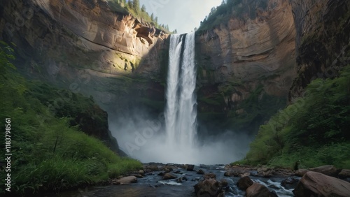 Torrential Canyon Waterfalls Cascade Into Roaring Lake Surrounded by Lush Greenery