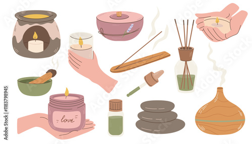 Aromatherapy set. Essential oils, candles, aroma lamps, diffuser, herbs, Palo santo, sage. Aromatic oil. Ayurveda Aromatic therapy.