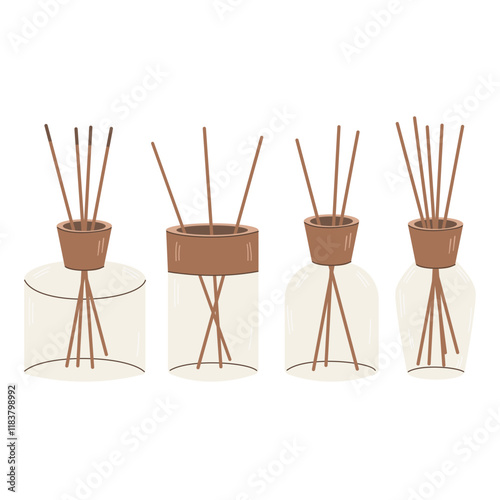 Aroma diffuser bottles with bamboo sticks. icon isolated on white background.