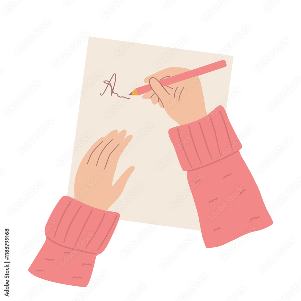 Woman hands with pen writing letter on a paper sheet. Top view. Vector illustration of a woman writing on a sheet of paper with a pencil