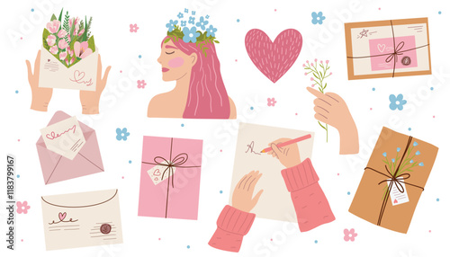 Vector set of hand drawn illustrations love letter, flowers, Mental health. Harmony and happiness. Healthy mentality and self care