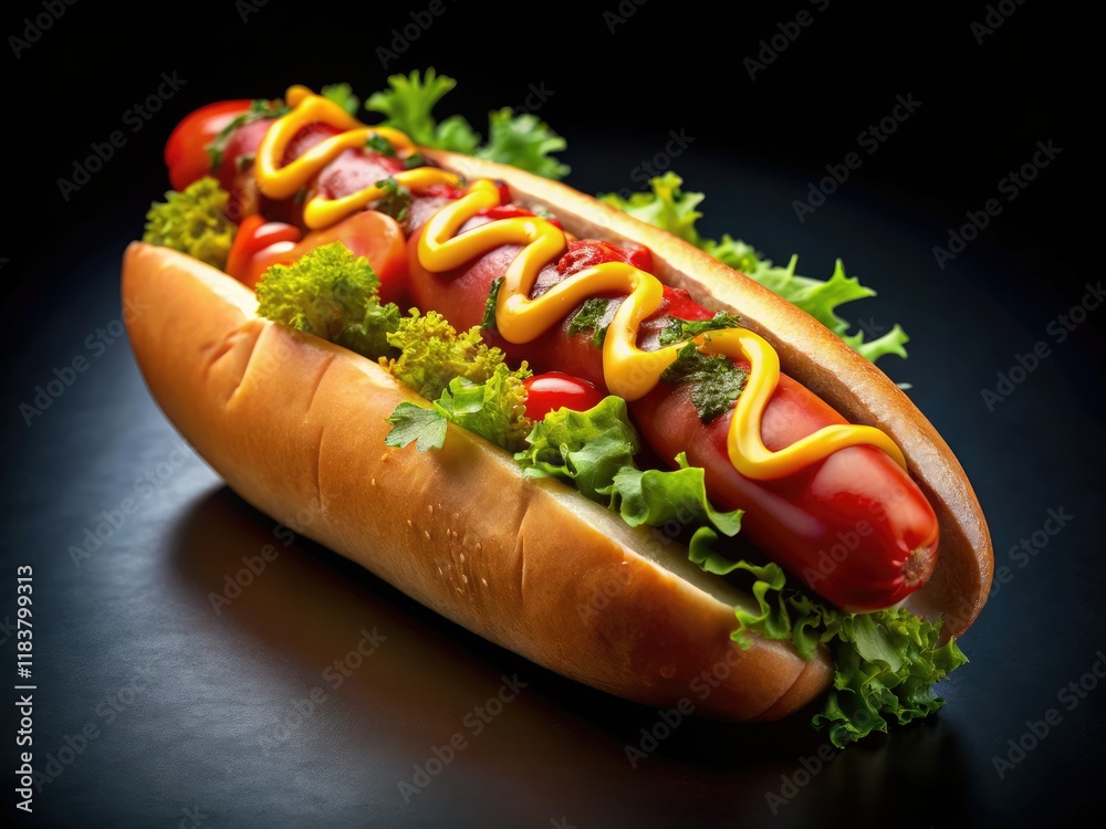 Isolated on black, a succulent hot dog beckons; tempting street food photography at its finest. Isolated on black, a succulent hot dog beckons; tempting street food photography at its finest.