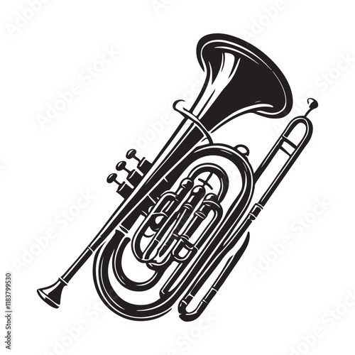 Trombone Silhouette Vector Illustration, Solid White Background.