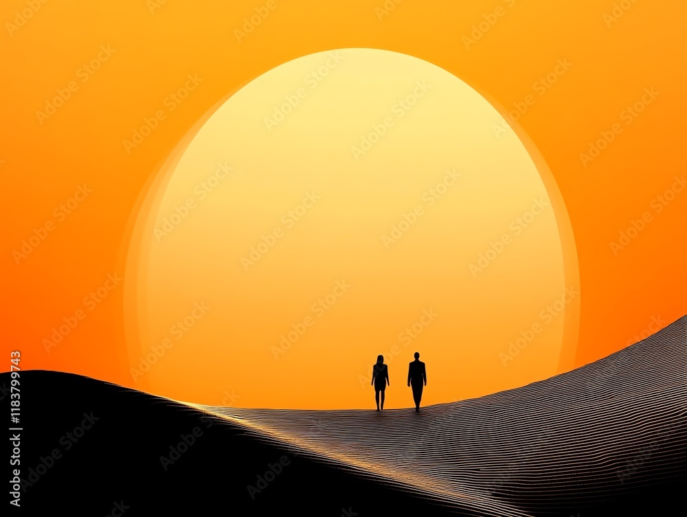 Warm light pulses around a couple walking on a sunsetlit path, 3D illustration