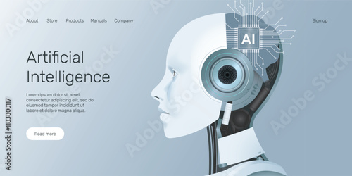 Web banner with AI robot, processor brain, technology, machine learning, neural network, Artificial Intelligence (AI) landing page concept.