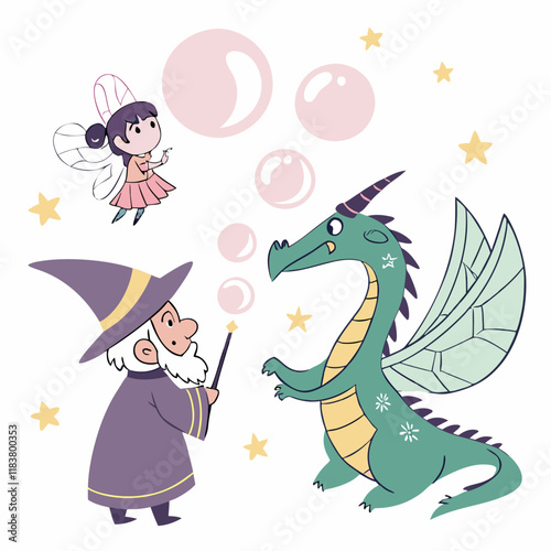 Wizard, Dragon, and Fairy in Magical Scene