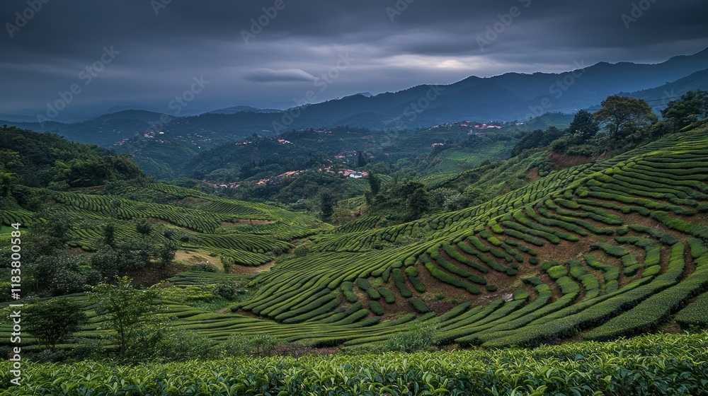 Fototapeta premium Serene Tea Plantation Landscape Under a Dramatic Sky