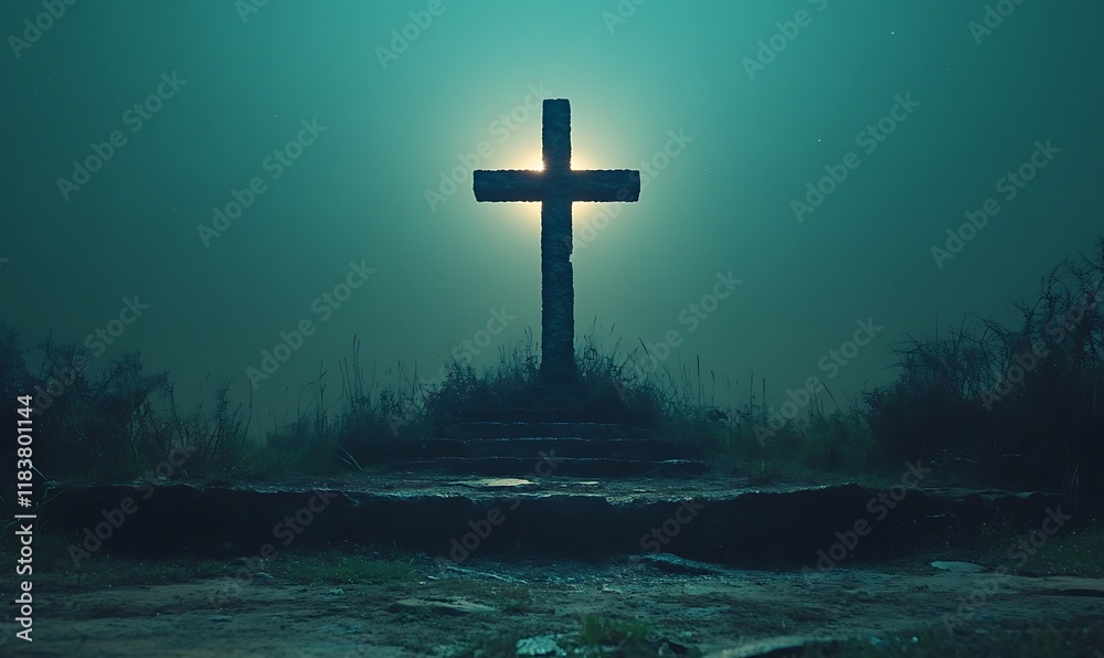 Naklejka premium A solemn memorial in a deserted landscape at dusk, with a radiant glow shining behind it, creating a serene and contemplative ambiance.