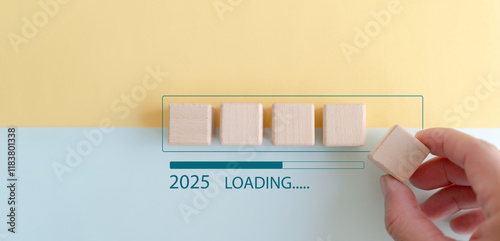 Loading bar with 2025 wooden blocks with target plan goal concept Action plan, strategy, new year business vision