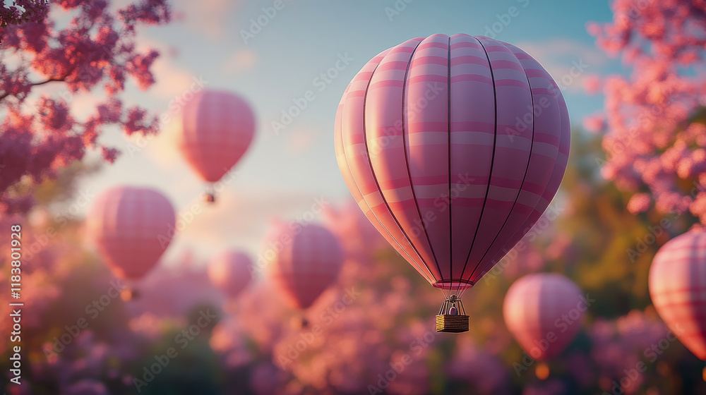 Fototapeta premium Pink Hot Air Balloons Soaring Over a Blossom-Filled Landscape at Sunrise